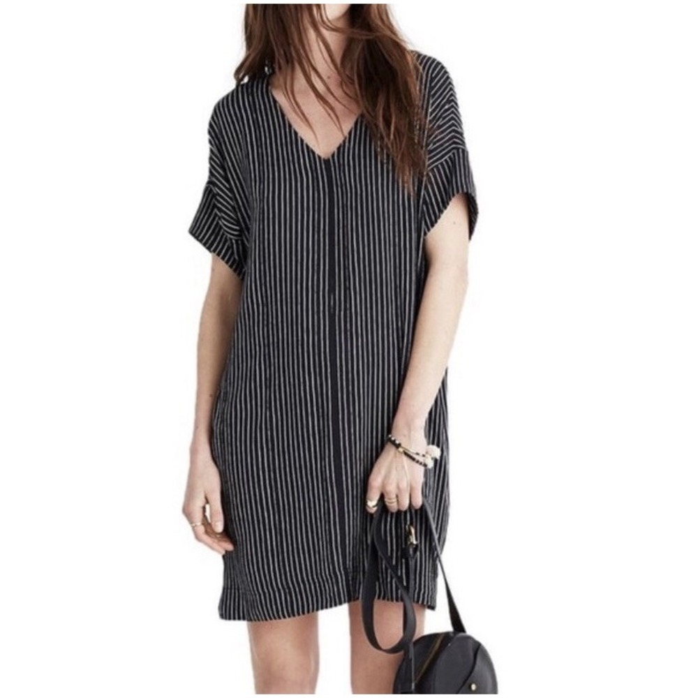 Madewell Couplet V-Neck Striped Shift Dress Black White Viscose G1845 Womens S